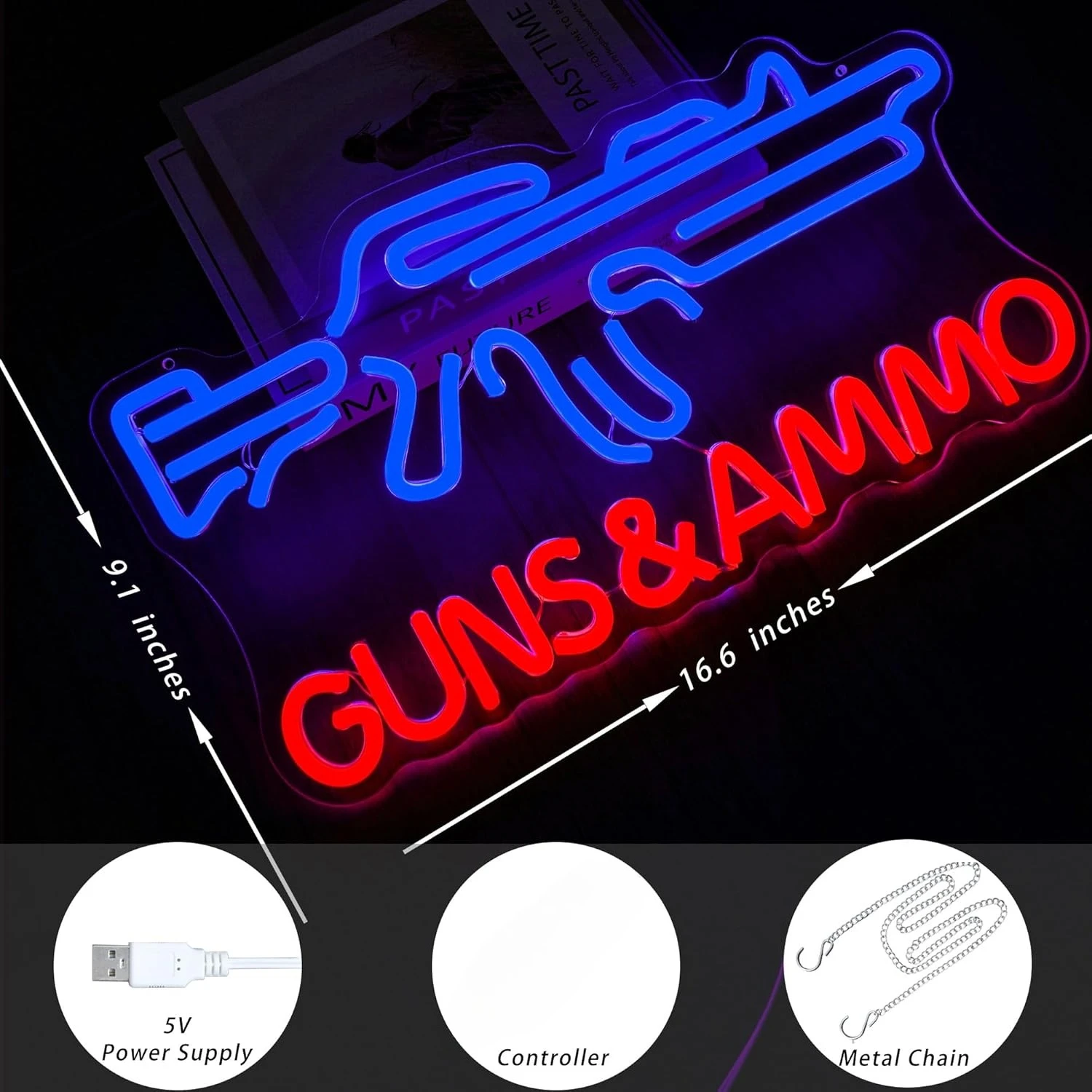 Gun Shop Neon Sign USB Powered - Hunting And Outdoor Stores reseña y precio